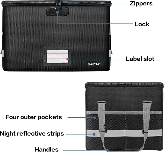 ENGPOW File Box with Lock,Fireproof Document Box with Zipper＆Pockets,Collapsible File Organizer Filing Storage Cabinet with Handle,Portable Home Office Safe for Hanging Letter/Legal Folder,Black
