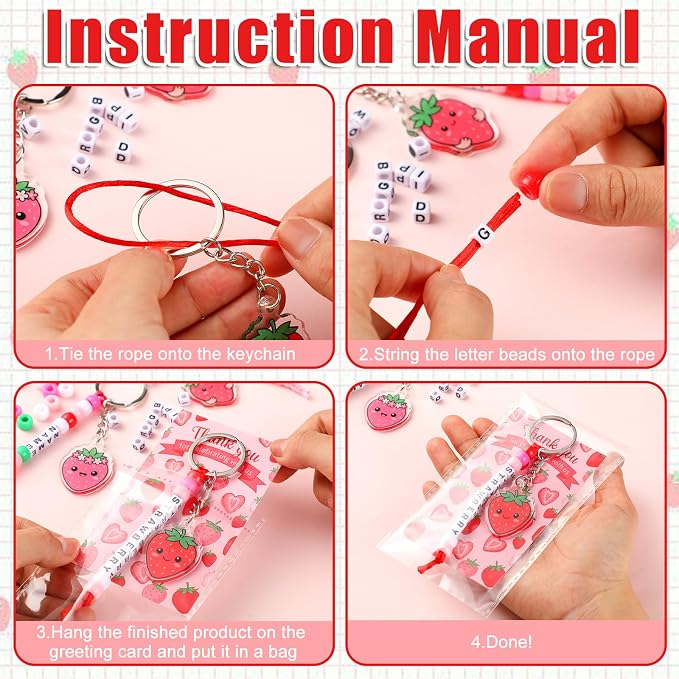 Suncalla 996 Pcs 24 Set Strawberry Keychain Making Kit DIY Summer Key Chain Crafts Bead Adjustable Letter Beads Cards Strings Kit Gift Backpack Accessories First Birthday Party Favors