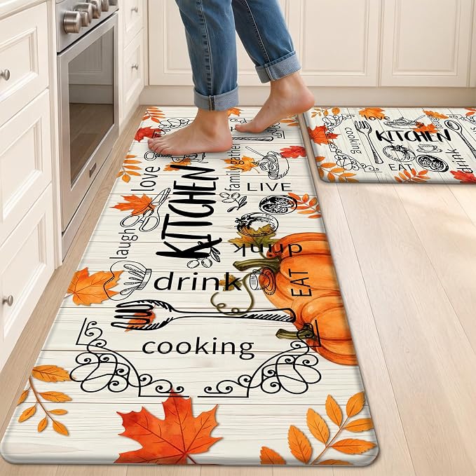 HEBE Fall Kitchen Mat Set of 2, Anti Fatigue Pumpkin Kitchen Mats for Floor | Cushioned Non Slip Autumn Kitchen Rugs and Runner Set, Waterproof Maple Leaf Floor Carpet for Harvest Thanksgiving