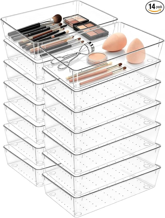 14Pack Desk Clear Drawer Organizers 6"*9" | makeup acrylic drawer trays for vanity, bathroom, office, nightstand, junk, kitchen, Versatile plastic divider storage bins