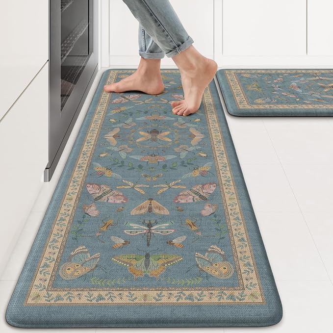 KIMODE Kitchen Mats Cushioned Anti Fatigue Kitchen Mats for Floor 2 Piece | 17 x29+17"x47", Blue,Vintage Butterfly,Non Slip Waterproof,Memory Foam,Standing Mats,for Laundry Sink Office Home Decor