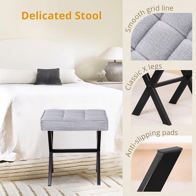 LUE BONA Vanity Stool - Square Linen Makeup Seat With Metal X Legs, Small Ottoman Chair for Makeup Room, Living Room, Bathroom - Modern Padded Foot Rest, Dark Gray