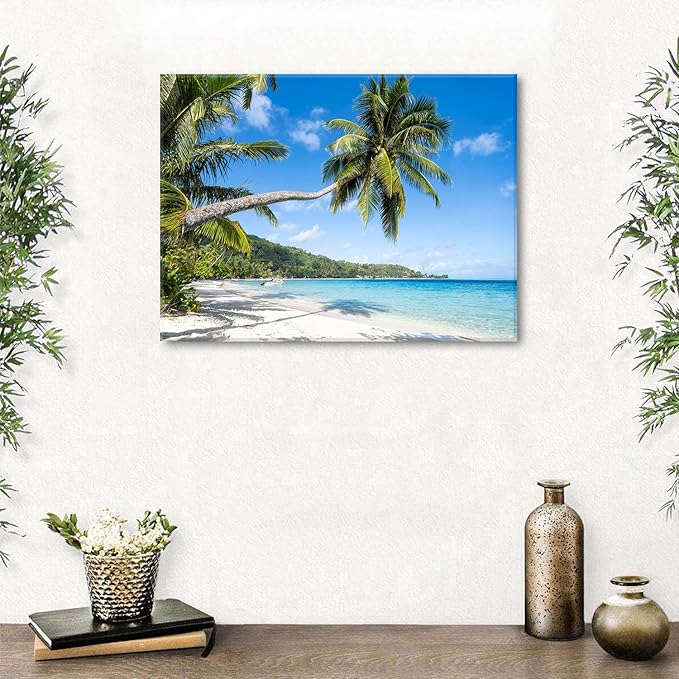 Beach Wall Art Palm Tree Ocean Bathroom Wall Decor Tropical Coconut Palms Natural Landscape Photography Picture Coastal Seascape Canvas Poster Photo Artwork Living Room Bedroom Wall Decoration 12x16in