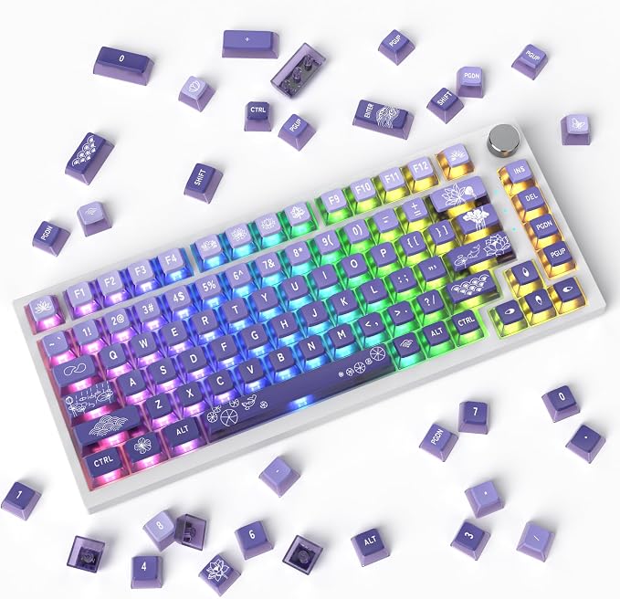 Guffercty kred Pudding PBT Keycaps for 75 Percent Keyboard, 120-Keys Transparent Keycaps ASA Profile Custom Replacement Key Caps US Layout for 60 68 82 87 104 Mechanical Keyboard (Lotus Pond)