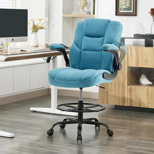 Drafting Chair 500Lbs, Tall Office Chair for Standing Desk, Fabric Executive Office Chair with Flip-up Armrests, Ergonomic High Chair with Adjustable Foot Ring, Comfy Stool Chairs, Blue