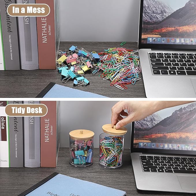 BTSKY 2 Pack Clear Paper Clip Holder with Bamboo Lid Plastic Paperclip Box Useful Office Supply Accessory Organizer Round Small Storage Holder Cute Qtip Holder for Office Bathroom Vanity