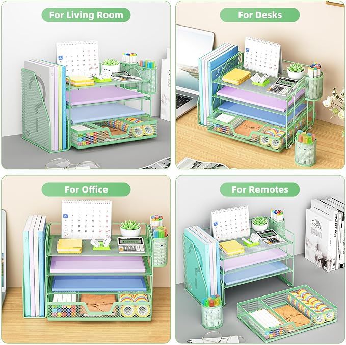 Marbrasse 4-Tier Paper Tray Organizer with Drawer and Pen Holder, Green | Metal Mesh Desk Organizer, Built-in Drawer & 2 Pen Slots, fits letters/Files, for School Home Office Supplies