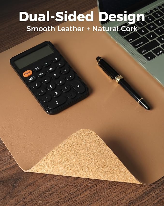 Aothia Cork Desk Mat - Dual-Sided XL PU Leather Desk Pad & Full Desk Protector, Large Waterproof Desktop Mat for Office & Gaming (47" x 23.6", Apricot)