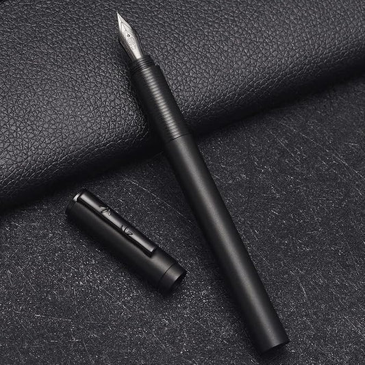Hongdian H3 Fountain Pen Titanium Black Fine Nib with Bamboo Pen Clip, Black Aluminum Alloy Writing Pen