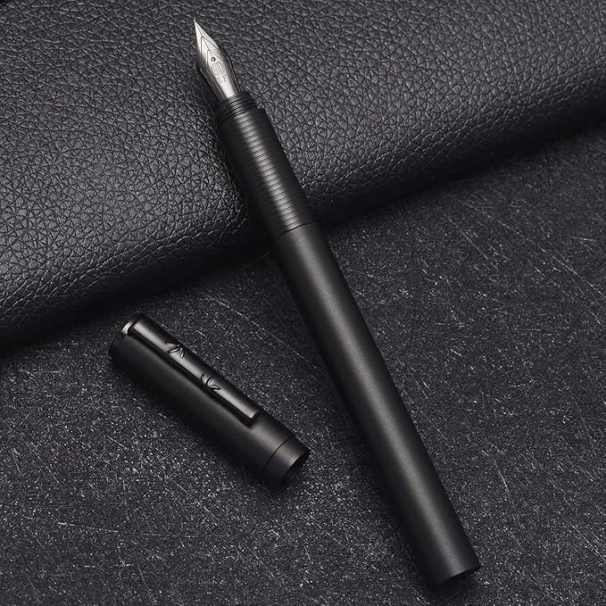 Hongdian H3 Fountain Pen Titanium Black EF Nib with Bamboo Pen Clip, Black Aluminum Alloy Writing Pen