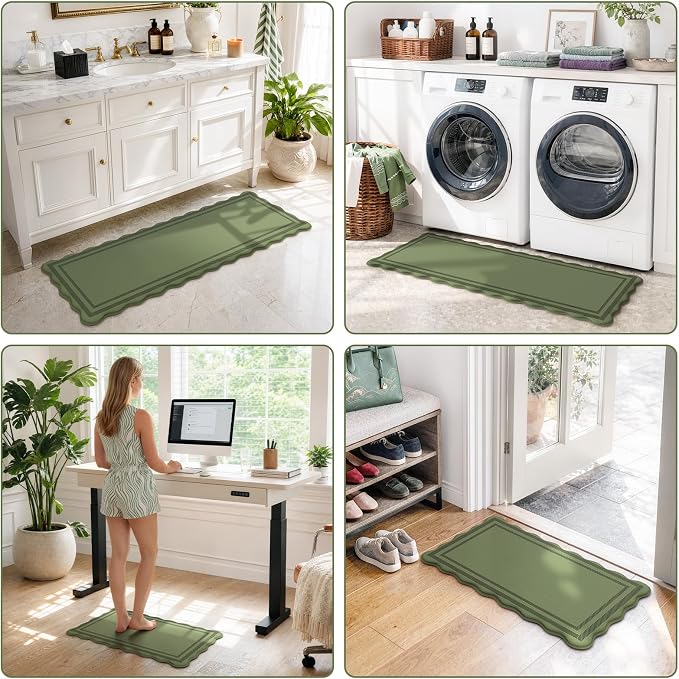 KIMODE Kitchen Mats for Floor Cushioned Anti Fatigue,Green Boho Home Decor | Scalloped Rugs for Kitchen Floor Non Slip,Farmhouse Kitchen Runner Rugs,Summer Laundry Room Rugs for Office Bathroom Sink