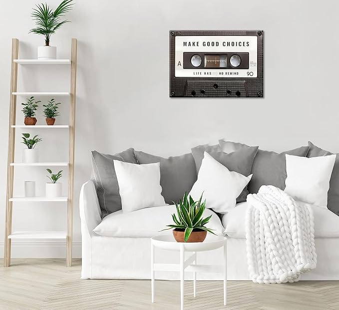 Inspirational Office Canvas Wall Art Picture Vintage Cassett Tape Prints Make Good Choices Life Has No Rewind Inspiring Artwork Motivational Wall Decor for Office Bedroom Living Room 16x24in Framed