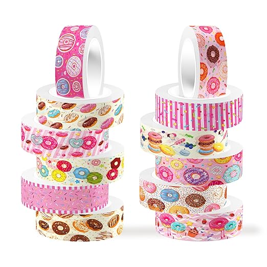 12 Rolls Donut Washi Tape Set, Candy Donuts Stars Decorative Masking Tapes, Cartoon Craft Pattern Adhesive Tapes for DIY Art Crafts Scrapbook Journal Planners Supplies Gift Wrapping 16.4Ft