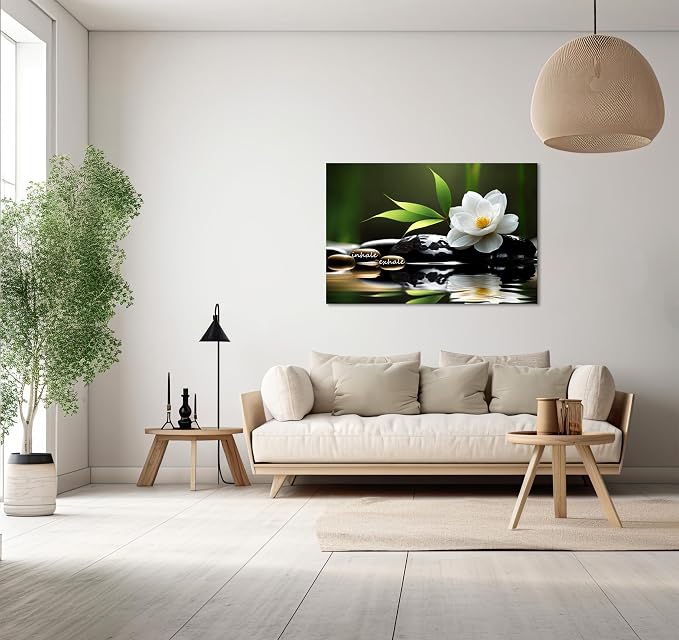 YIOZHAOFH Lotus Flower Wall Art Zen Canvas Inhale Exhale Poster Black Spas Nature Prints Pictures for Meditation Wall Decor Framed Artwork Ready to Hang (16.00" x 24.00")