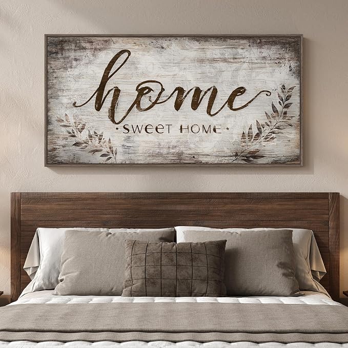 Large Framed Home Sweet Home Wall Art for Living Room, Vintage Rustic Brown Canvas Artwork for Walls, Family Sign Farmhouse Horizontal Painting Print Wall Decor for Bedroom Hallway Office, 30x60 Inch