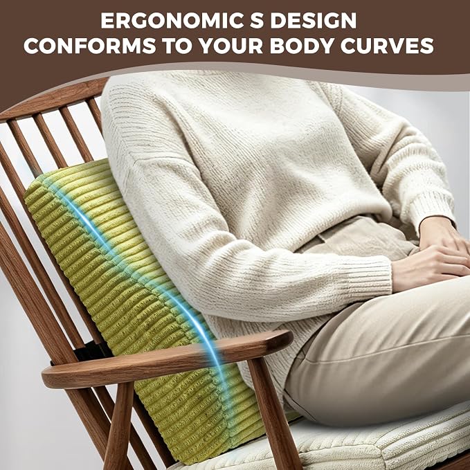 Lumbar Support Pillow for Recliner Chair/Accent Chair/Couch, Large Memory Foam Back Support Cushion for Elderly, Ergonomic Backrest Pillow for Back Rest, Pain Relief, Reading, Washable Cover, Green