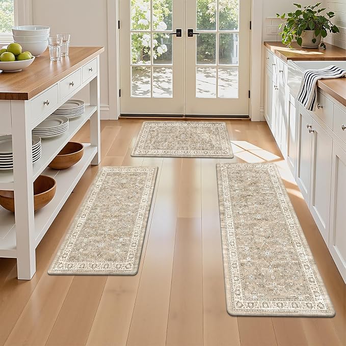 Pauwer Anti Fatigue Kitchen Floor Mats Set of 3, Cushioned Rug, Light Brown | Non Slip Comfort Standing Mat, PVC Foam Padded Kitchen Rugs, Waterproof Sink Rug for Small Kitchen Area, Laundry Room