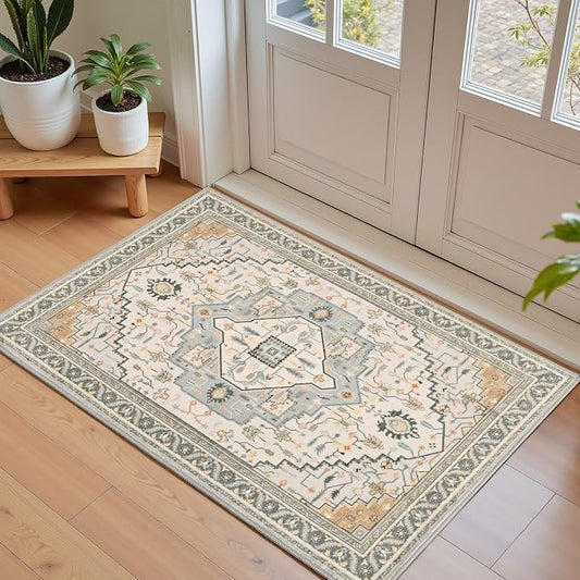 Macgace 2x3 Grey Beige Small Area Rug for Entryway, Soft Washable Rugs with Non-Slip Backing for Bedroom Kitchen, Vintage Throw Carpet Laundry Entry Front Door Decor