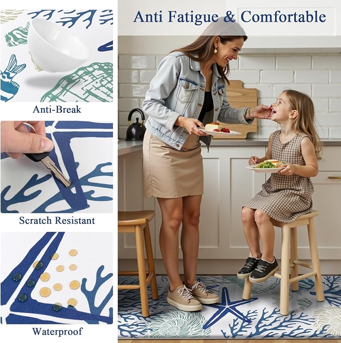 SHACOS Coastal Kitchen Rugs Set of 2, 17x27.5+17x47 inch | Summer Anti-Fatigue Kitchen Mats, White Cushioned Mats with Sea Themed Blue Starfish Shell Coral Tropical Fish