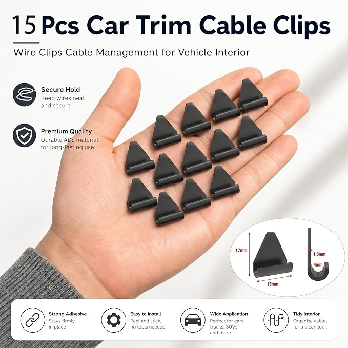 15 Pcs Car Trim Cable Clips, Wire Organizer for Vehicle Interior, No Adhesive Reusable Cord Holder for Phone Chargers, Dash Cams & More, Easy Installation