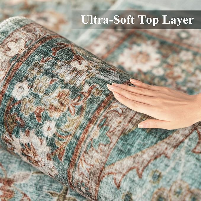 TOPRUUG Washable Oriental Area Rug - 5ft Round Rugs for Living Room Soft Carpet for Bedroom Waterproof Floral Distressed Indoor Stain Resistant Non-Shedding Floor Carpets (Green, 5ft-Round)