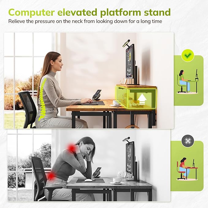 Folding Desk for Small Space,Foldable Computer Desk with Monitor Stand,31.5 Inch Small Desk with LED Lights for Bedroom Home Office,Writing Work Office Computer Desk with Hooks,Rustic Brown