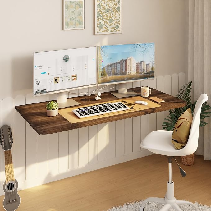IAE Wall Mounted Floating Foldable Desk, 36" x 22" Folding Computer Workstation Table with Engineered Wood and Metal Shelf Brackets,Fold&Floating Design for Home Office, Apartment,Laundry Room,Walnut