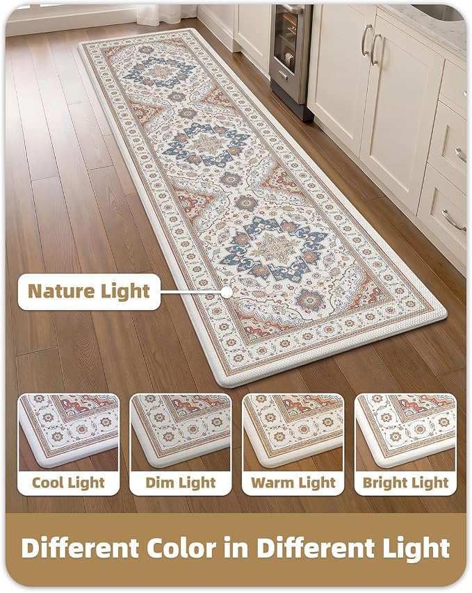 Color&Geometry Kitchen Floor Mat 24x87 Vintage Anti Fatigue, Oatmeal | 0.4in Cushion Standing Mat For Cooking/Working/Laundry, Boho Decor, Non Slip PVC Kitchen Rug, Oil/Water Proof, Anti Slip
