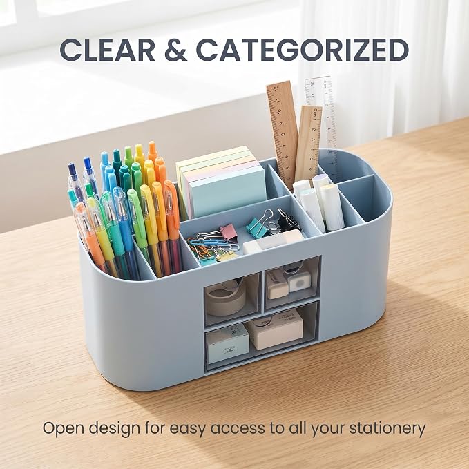 School Supplies Organizer with Drawers, Pen Holder, Blue | Student desk organizer with removable dividers and clear drawers for pens, markers, art tools and school supplies.