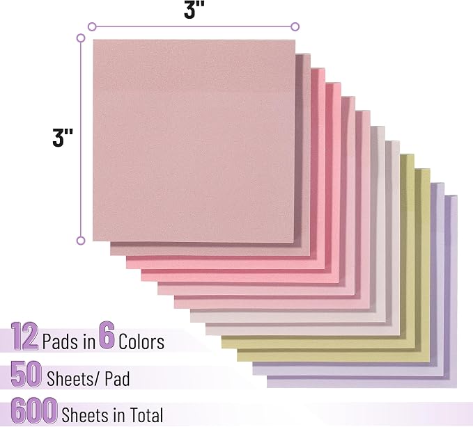 Mr. Pen- Sticky Notes, 3"x3", 12 Pads, 600 Sheets, Blooming Reverie | Sticky Notes Bulk, Self-Stick Note Pads, Perfect for Office, School, Home, Study & Organization