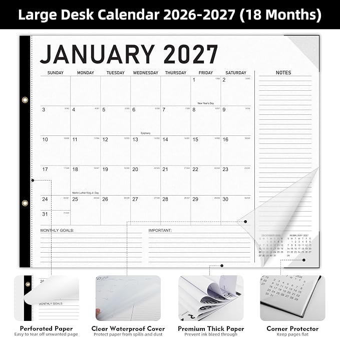 Tcamp Desk Calendar 2026-2027 Large 22 x 17 Inches from July 2026 to December 2027, 18 Months Extra Large Desktop Monthly Calendar Pad for Home School Office