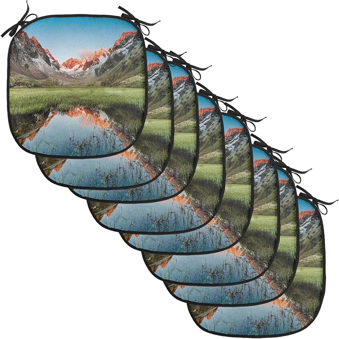Lunarable Rustic Chair Cushion Pads Set of 8, Snowy Peaks Mirroring in Lake Surrounded by Meadow Below Stubai Alps Austria Image, Anti-Slip Seat Padding for Kitchen & Patio, 16"x16", Multicolor