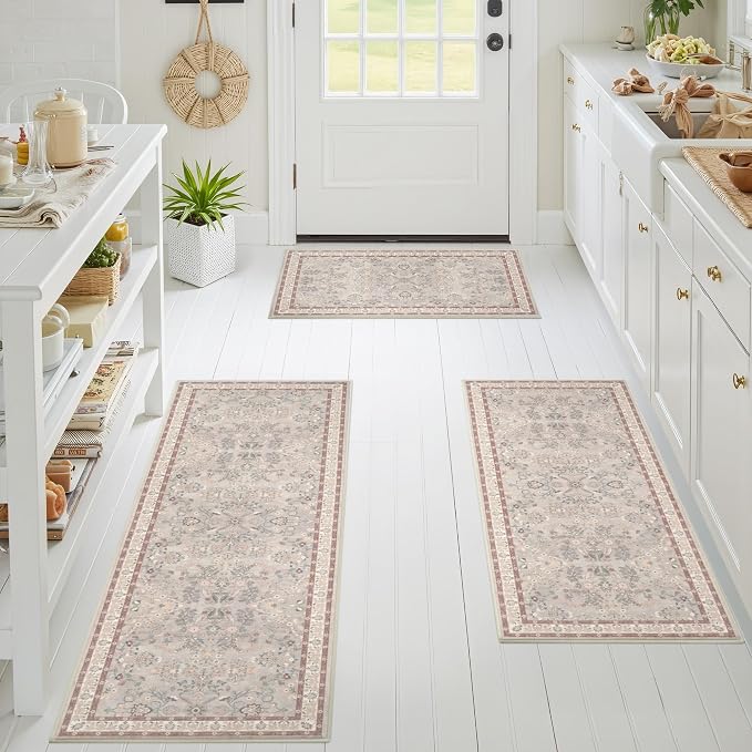 GRANNY SAYS Boho Kitchen Rug Sets of 3, Non Slip Washable Faux Wool Kitchen Mats for Floor, Thick Soft Anti-Fatigue Comfort Standing Mat Runner Rugs for Hallway Laundry Room, Boho Red