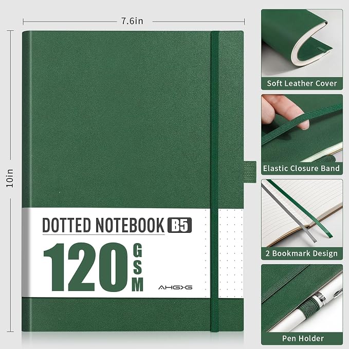 AHGXG Dotted Journal - Dot Grid Notebook Journal, 120 GSM Thick Acid-Free Paper, Large B5 Dotted Notebook 96 Pages, Leather Softcover, Inner Pocket, Journal Stencil, 7.6'' X 10'', Dark Green