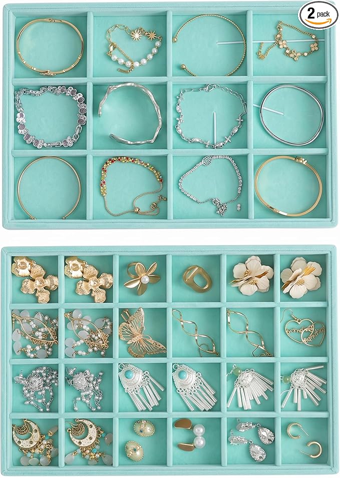 Jewelry Trays for Drawer,Set of 2 Jewelry Organizer and Storage | Velvet Material,Stackable,Adjustable Dividers,Drawer Inserts for Rings Studs Bracelet,Earring Organizer for Women Girls