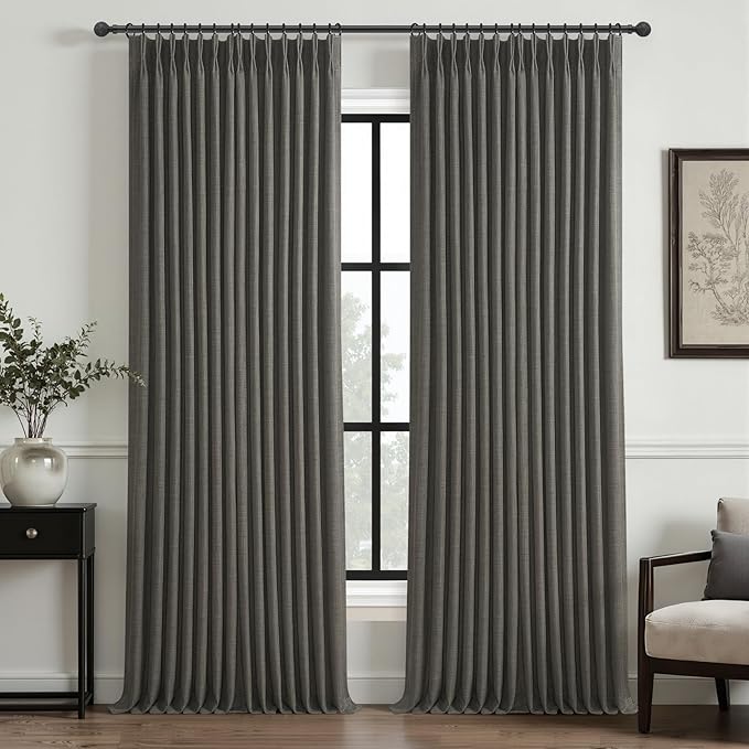 Extra Long Dark Grey Full Blackout Curtains & Drapes 108 Inches Long 2 Panels Set for Dining Room, Luxury Floor to Ceiling Pinch Pleated 2 Layer Linen Thermal Curtain 40x108 Inch Length with Back Tab