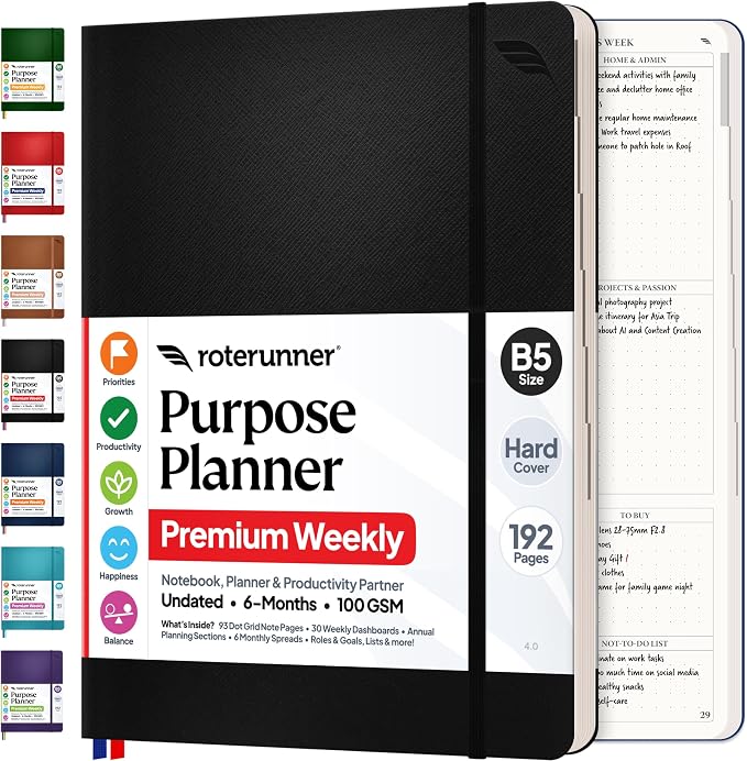 Roterunner Purpose Planner Notebook B5 7.5”x9.8” Undated 2026 Daily Weekly and Monthly Productivity Goal Setting Tool for Work Home ADHD for Adults Self Care Journal