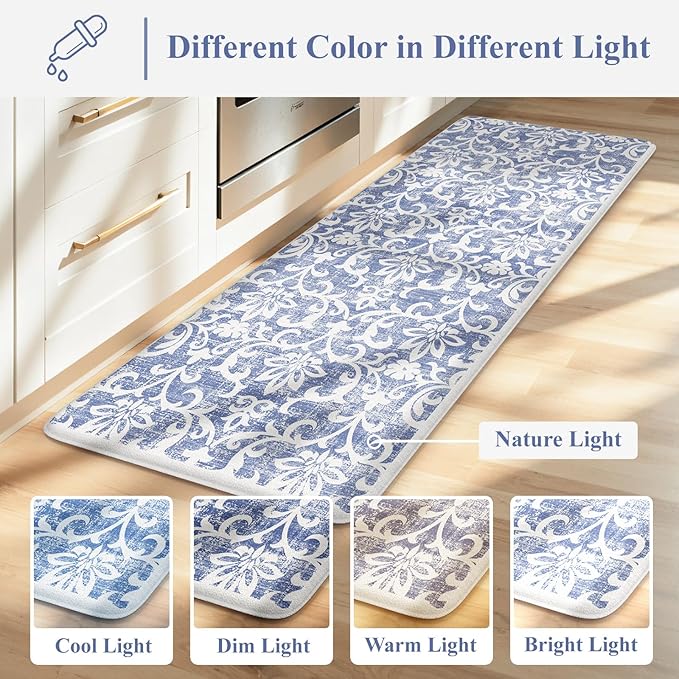 LEEVAN Anti Fatigue Mats for Kitchen Floor Sets of 2, Vintage Distressed Blue Cushioned Kitchen Mat for Laundry,Non Slip Memory Foam Standing Mat for Home, Office, Desk,Sink(17.3"x29"+17.3"x59")