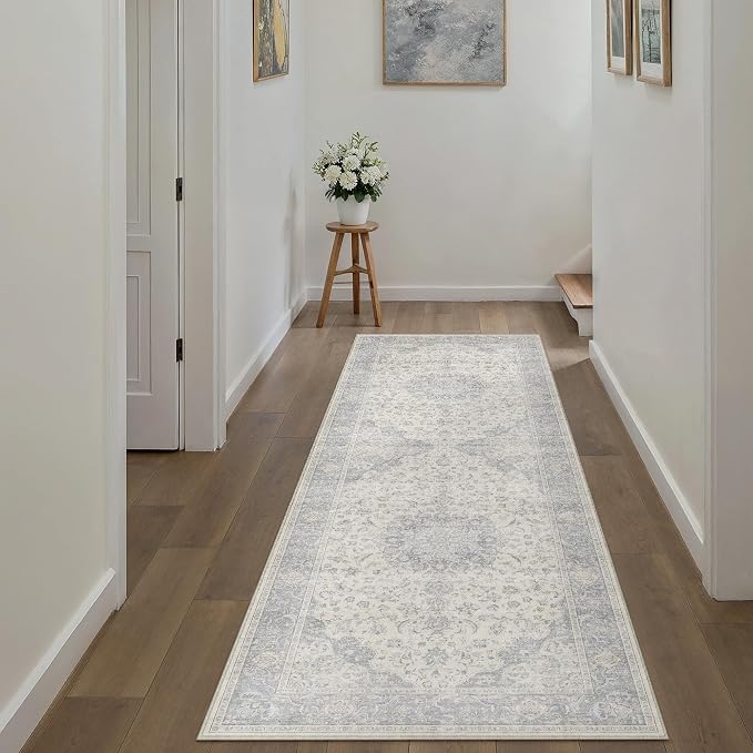 PureCozy 2x6 Runner Rug Washable Neutral Gray Vintage Hallway Kitchen Carpet Non Slip Low Pile Soft Floral Indoor Long Grey Throw Rug for Bedroom Bathroom Laundry Living Room