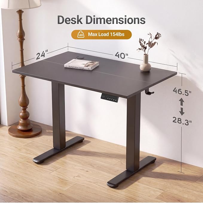 Claiks Electric Standing Desk 40x24 Inch Adjustable Desk, Black | 156lbs weight capacity, 3 memory presets, industrial steel frame, cable management hub, adjustable height , easy assembly