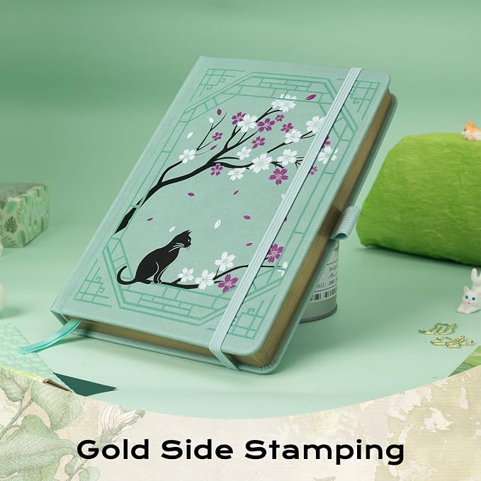 TIEFOSSI A5 Lined Journal, Cute Cat Journal for Women Girls, College Ruled Notebook with Pretty Sakura Pattern, Aesthetic Diary for Writing Journaling Drawing, Golden Edges