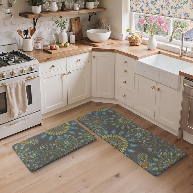 GENIMO Anti Fatigue Kitchen Mats for Floor 2PCS, Cushioned Standing Mats | 17.3"x47"&17.3"x30", Olive Green vintage floral rug set, waterproof, non slip, easy-clean for farmhouse