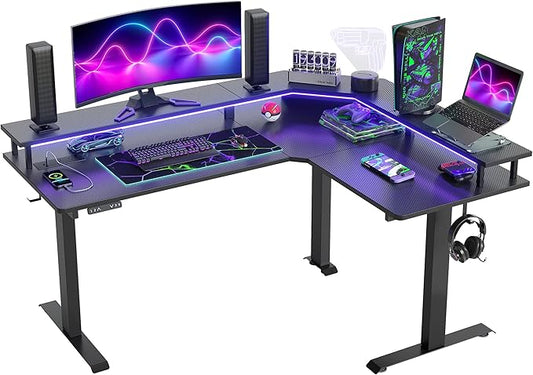 FEZIBO 63"x49" L Shaped Standing Desk with LED Strip & Power Outlets, Height Adjustable Sit Stand Corner Computer Desk with Ergonomic Monitor Stand, Black Top/Black Frame