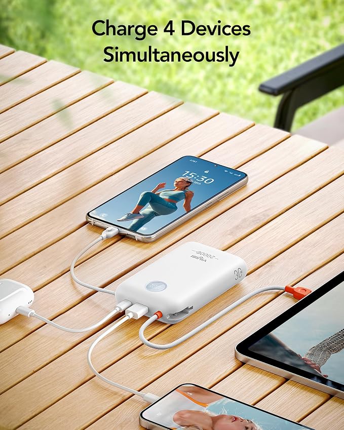 VIYISI Portable Charger 20000mAh 30W Fast Charging, White Aesthetic Power Bank with Built-in USB C & Lighting Cables, Compact Battery Pack Compatible with iPhone 17 16 15 Pro Max, iPad, Travel