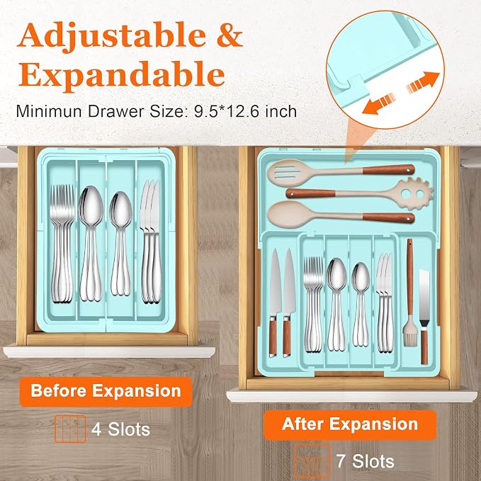 Silverware Organizer - Expandable Silverware Drawer Organizer Adjustable Drawer Organizer, Silverware Tray for Drawer15.2"x 19" Cutlery Drawer Organizer, Kitchen Organizers Storage, Turquoise