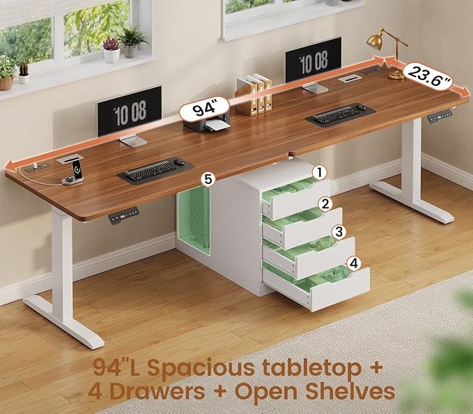 SEDETA Standing Two Person Desk, 94'' Long Computer Desk with 4 Drawers, 2 Power Outlets, CPU Stand, Electric Height Adjustable 2 Person Desk with Cable Management for Home Office, White+Brown