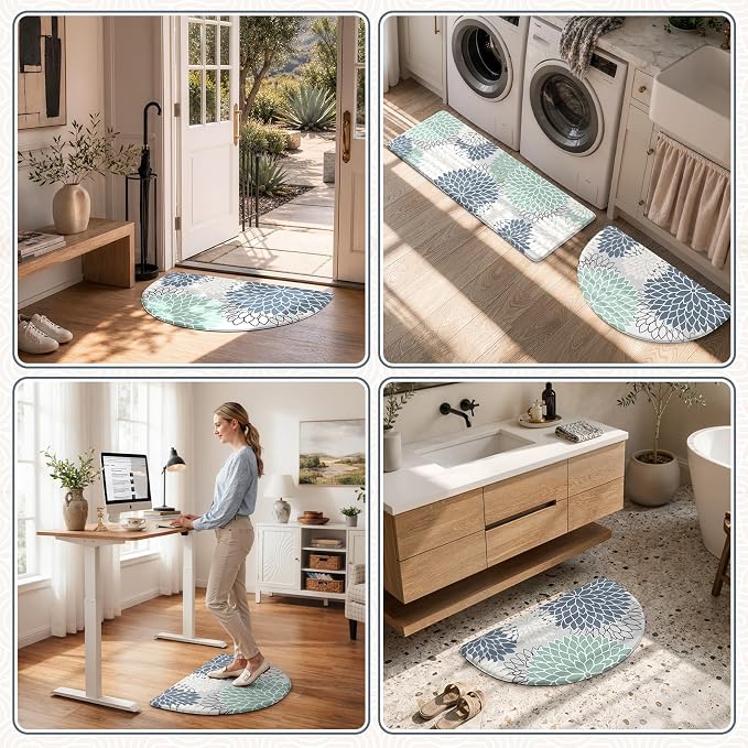 KIMODE Half Circle Anti Fatigue Mats for Kitchen Floor Rug Sets of 2 | 18"x28+18"x47",Cyan,Dahlia Floral Boho,Kitchen Rug Sets of 2,Non Slip,Waterproof,for Sink Office Laundry Bathroom Decor