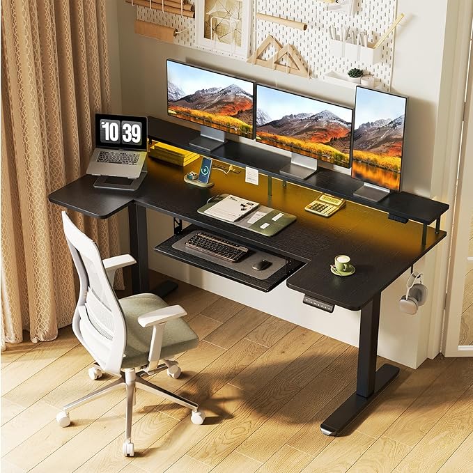 OffiGo U Shaped Electric Standing Desk with Keyboard Tray, 63 Inch Height Adjustable Desk with Power Outlets & LED Lights, Sit Stand Table with Monitor Stand for Home, Office, Black