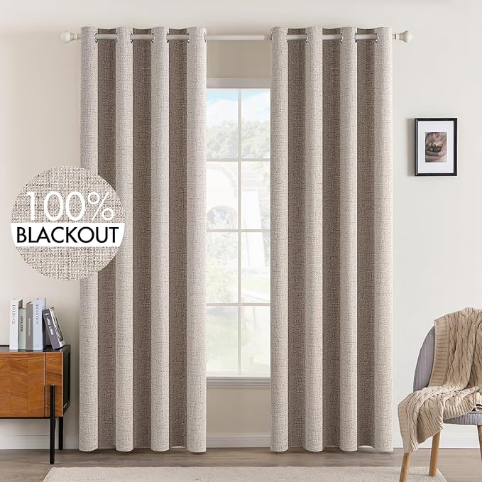MIULEE Blackout Curtains for Bedroom Linen Texture Solid Thermal Insulated Natural Khaki Grommet Room Darkening Curtains & Drapes Luxury Decor for Living Room 52 x 84 Inch (2 Panels)
