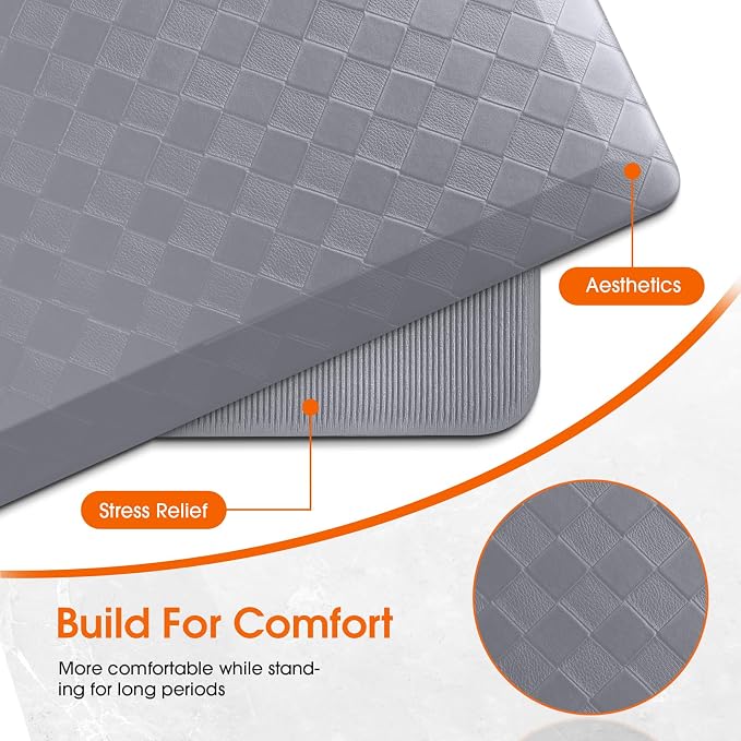 TranquilRelax 4/5 Inch Thick 2-Piece Anti-Fatigue Kitchen Mats, Cushioned Non-Slip Waterproof Sink & Stove Floor Mats, Comfortable Standing Rug Set for Kitchen, Laundry & Entryway, Grey